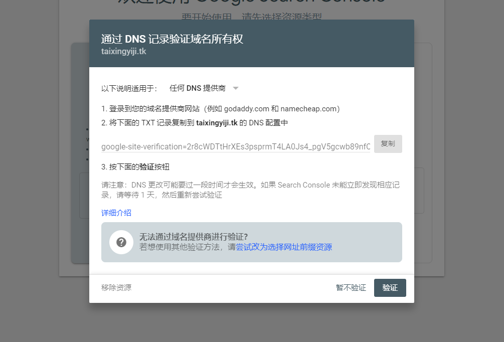 Search Console页面验证域名所有权